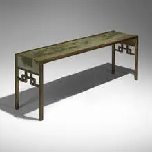 Philip and Kelvin Laverne, Spring Festival Dip console table, c. 1965, etched, patinated, and polychromed bronze, brass, pewter