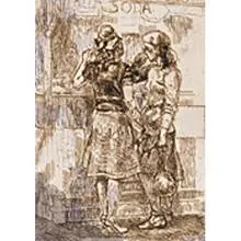 Isabel Bishop, Soda Fountain, drypoint etching with hand-coloring
