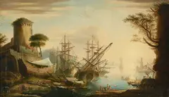 Salvator Rosa, A port at sunset, oil on canvas