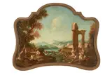 A capriccio landscape with figures by a stream by Italian School, oil on a shaped canvas laid down on masonite, offered Jun 2019