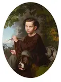 German School, A portrait of a young man as a hunter with his dog, oil on canvas (a painted oval)