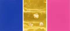 Yves Klein, Monochrome und Feuer, 1961, Triptychon: 2 Serigrafien in Blau bzw. Pink, jeweils auf festem Velin, und 1 Goldfolie auf Karton mit Blattgoldapplikationen; mit Ausstellungsbroschüre, im Original-Umschlag