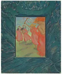 Ludwig von Hofmann, Vier Tänzerinnen im roten Kleid, Pastell auf braunem Papier, unter Künstlerpassepartout (Pastell) montiert