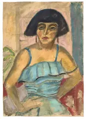 Georg Tappert, Sitzende mit Bubikopf in blauem Kleid, Um 1928, Pastell und Gouache über Kohle auf festem, leicht genarbtem Papier