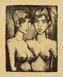 Otto Mueller, Zwei Mädchen – Halbakte (Russisches Mädchenpaar), 1920, Lithographie auf gelblichem, leicht gehämmertem Papier