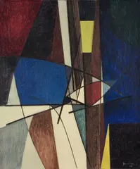 Heinrich Siepmann, Komposition weiß-blau-gelb, 1956, Öl auf Leinwand