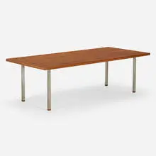 Isamu Kenmochi, Table, model OM2040, c. 1970, chrome-plated steel, teak