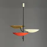 Stilnovo, Chandelier, c. 1955, enameled aluminum, brass, brushed steel