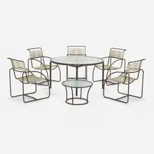 Kipp Stewart, Outdoor furniture suite, 1977, bronze, flagline, glass