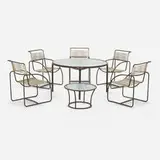 Kipp Stewart, Outdoor furniture suite, 1977, bronze, flagline, glass