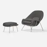 Eero Saarinen, Womb chair and ottoman, wool upholstery, chrome-plated steel