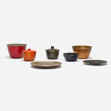 Jade Snow Wong, Tabletop accessories, c. 1950, enameled copper