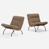 Milo Baughman, Scoop chairs, pair, c. 1954, enameled steel, bouclé upholstery