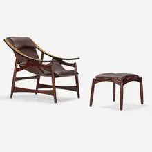 Lounge chair and ottoman by Liceu De Artes E Ofícios, c. 1965, rosewood, vinyl, sold Apr 2024