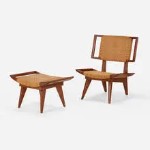 Lounge chair and ottoman by Paul Laszlo, 1950, walnut, cane, sold Apr 2024