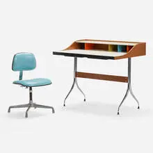 George Nelson and Charles and Ray Eames, Swag Leg desk, model 5850 and Secretarial chair, model EC228, 1954, 1971, walnut, chrome-plated steel, laminate, lacquered wood, vinyl, rubber, aluminum, fiberglass