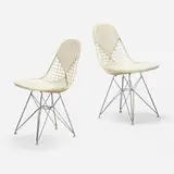 DKR-2s, pair by Charles and Ray Eames, 1951, enameled steel, zinc-plated steel, vinyl, plastic, sold Apr 2024
