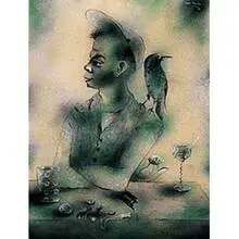 Boy and Bird by Karl Priebe, 1950, watercolor on artist board, sold May 2001
