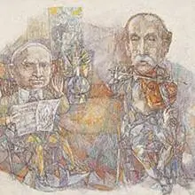 Mitchell Siporin, Conversation, Max Weber and Rousseau, watercolor on paper