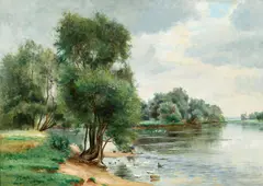 Henri Louyot, A tranquil estuary with waterfowl and a figure on the shore, oil on canvas