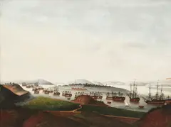 Anglo-Chinese School, Whampoa, East Indiamen at anchor, oil on panel