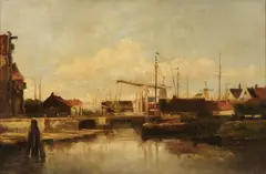 Jacob Maris, A Dutch canal with windmills on the horizon, oil on canvas