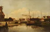 Jacob Maris, A Dutch canal with windmills on the horizon, oil on canvas