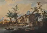 Continental School, A landscape with figures in a boat by a water mill, oil on canvas