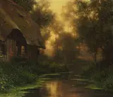 A thatched cottage by a stream at dusk by Louis Aston Knight, oil on canvas, sold Jun 2019