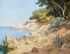Albert Pjegagnon, A rocky coastal landscape, oil on panel
