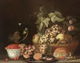 Jacob Foppens van Es, A still life of fruit in a basket with a bowl of strawberries, cherries, a glass of wine, a sliced orange and a shrimp on a pewter plate on a table, oil on canvas