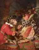 George Lance, A monkey wearing a black cap with exotic fruit, oil on panel