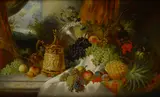 Jan van Huysum, A still life with an array of fruit, flowers, a jeweled tankard and a silver plateau on a draped marble ledge, oil on canvas laid down on masonite