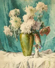 A vase of chrysanthemums and a porcelain parrot on a draped table by Endre Komaromi-Kacz, watercolor and pencil on paper, offered Jun 2019