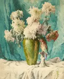 A vase of chrysanthemums and a porcelain parrot on a draped table, Bonhams 2019