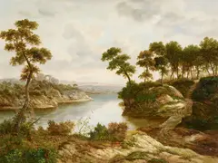 An extensive river landscape by Continental School, oil on canvas, sold Jun 2019