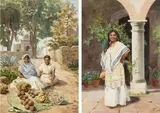 Paul Fischer, Two Mexican women selling fruit in a courtyard; A portrait of a Mexican girl holding a water jug (a pair)