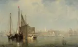 Walter Franklin Lansil, Market boats in Boston Harbor, oil on canvas