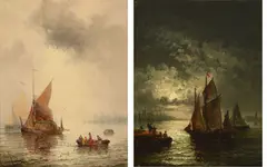 Arthur Joseph Meadows, Shipping on a moonlit harbour; Fisherman hauling in their nets in a busy harbour (a pair), both oil on panel