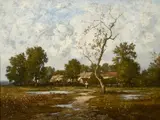Léon Richet, A rural landscape with a woman outside a cottage, oil on canvas