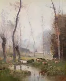 Louis Aimé Japy, A shepherd with his flock in a misty landscape, oil on canvas