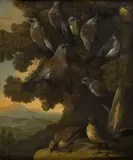 George C. Hezier, A flock of fieldfares in a tree, Haddon Hall, oil on canvas