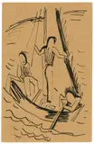 Karl Schmidt-Rottluff, Drei Männer im Boot, 1921, Tuschfeder auf bräunlichem Papier (Postkarte)