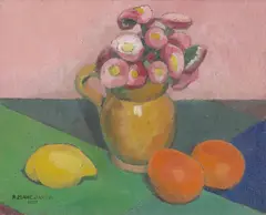 Stillleben mit Tausendschön, Zitrone und Orangen by R. Mahé-Jardin, 1927, Öl auf Leinwand, sold Jun 2021
