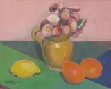 R. Mahé-Jardin, Stillleben mit Tausendschön, Zitrone und Orangen, 1927, Öl auf Leinwand