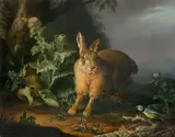Carl Franz Gruber, Hase mit Disteln und Blaumeise. (Vor) 1841, Öl auf Leinwand. Doubliert