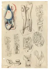 Ideas for sculpture by Henry Moore, 1937, Farbstift und Bleistift auf Papier (aus einem Skizzenbuch), sold May 2014