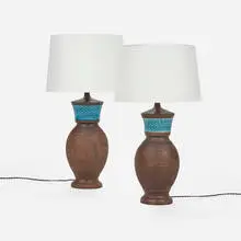 Table lamps, pair by Aldo Londi, c. 1965, glazed earthenware, fabric, sold Apr 2024