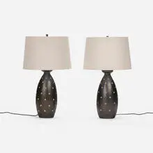 Raymor, Lamps, pair, c. 1955, carved and glazed earthenware, linen