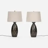 Raymor, Lamps, pair, c. 1955, carved and glazed earthenware, linen